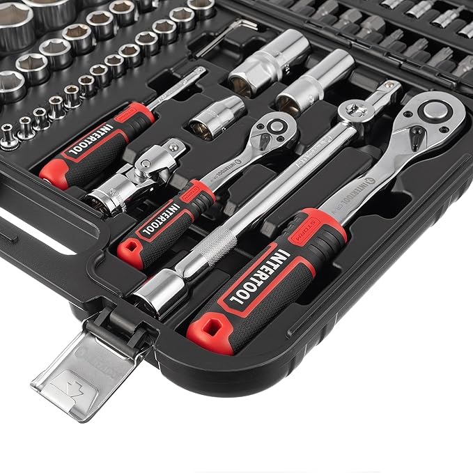 INTERTOOL Metric Socket Set 1/4” & 1/2” Drive 94-Piece 4-27 mm - for Auto Mechanics & DIY - Quick Release Ratchets, Socket Bits, Adapters, Hard Case - Tool Gift - ET08-8094