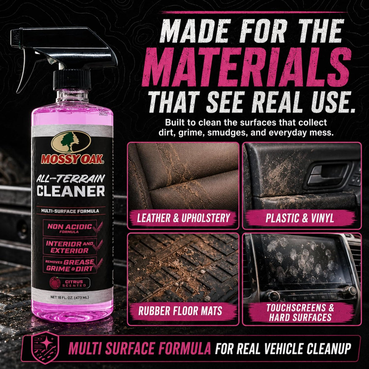 Mossy Oak All-Terrain Cleaner, All-Purpose Interior and Exterior Spray for Trucks SUVs Cars Jeeps UTVs & ATVs, Cleans Plastic Vinyl Rubber Carpet Upholstery & Hard Surfaces, Made in USA, 16 oz