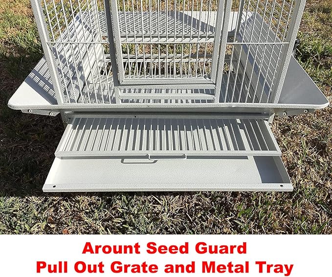 4-Size / 2-Color, Large Double Ladders Open Play Top Wrought Iron Bird Parrot Parttot Finch Macaw Cockatoo Cage, Include Seed Guard and Toy Hook (24" W x 22" D x 63" H White Vein)