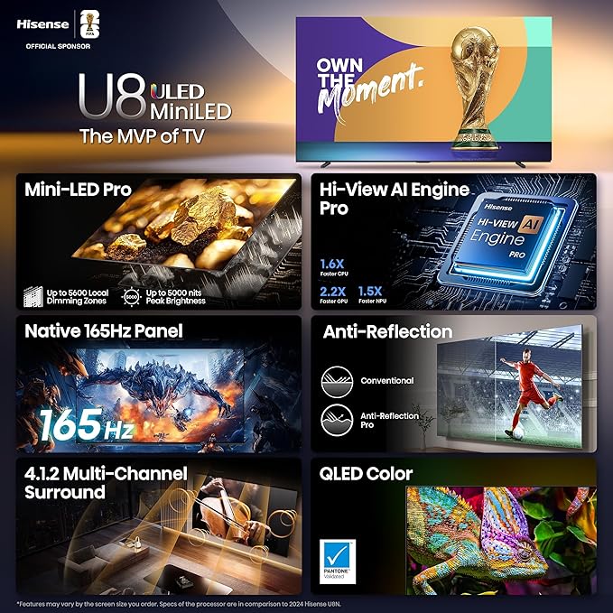 Hisense 65" U8 Series ULED Mini-LED 4K UHD Smart Google TV (65U8QG) - QLED, Native 165Hz, VRR 288, Up to LD5600, 5000 Nits, HDR10+, Dolby Vision IQ · Atmos, IMAX Enhanced, 4.1.2 Ch Audio
