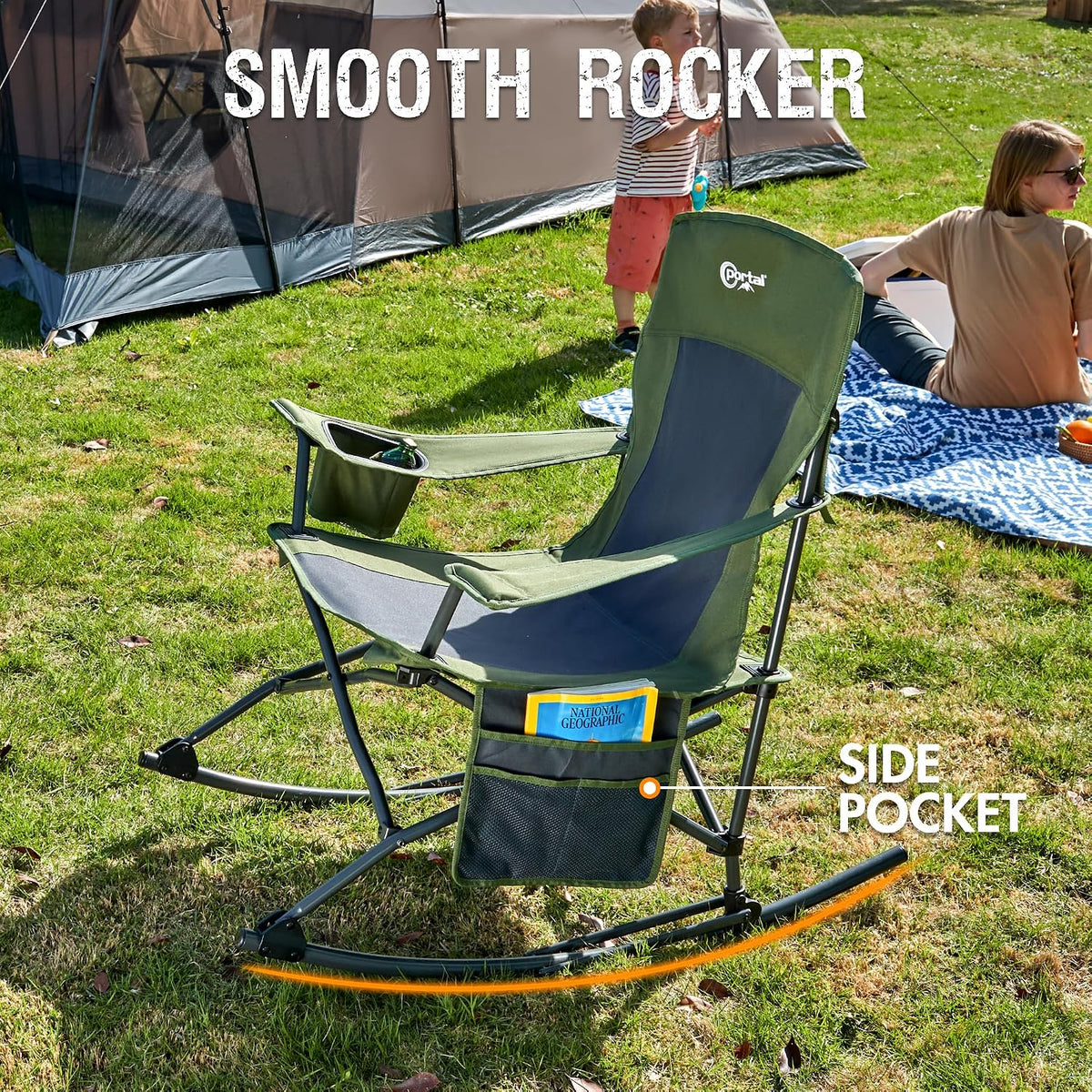 Portal Outdoor Rocking Chair Camping Folding Portable Rocker with Cup Holder Side Pocket Carry Bag, Support 350LBS (Green)