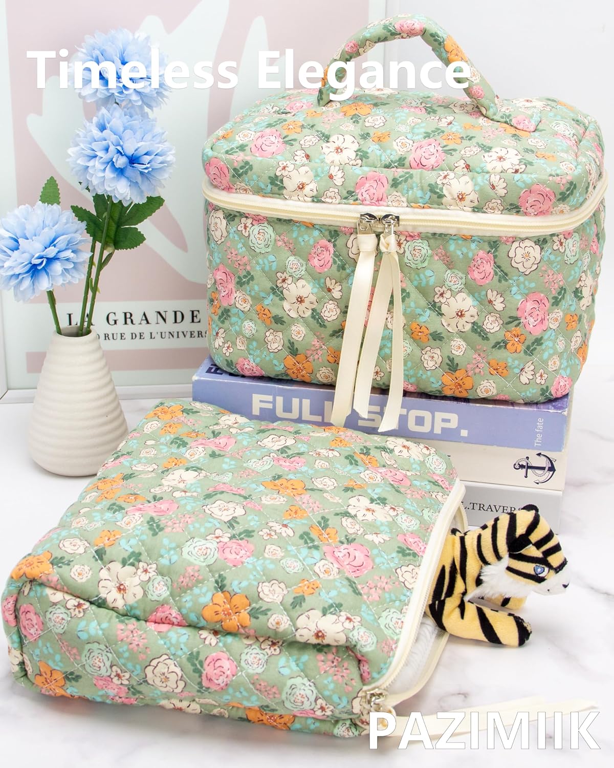 Quilted Makeup Pouch for Women, Travel Cosmetic&Toiletry Bag,Green Flower