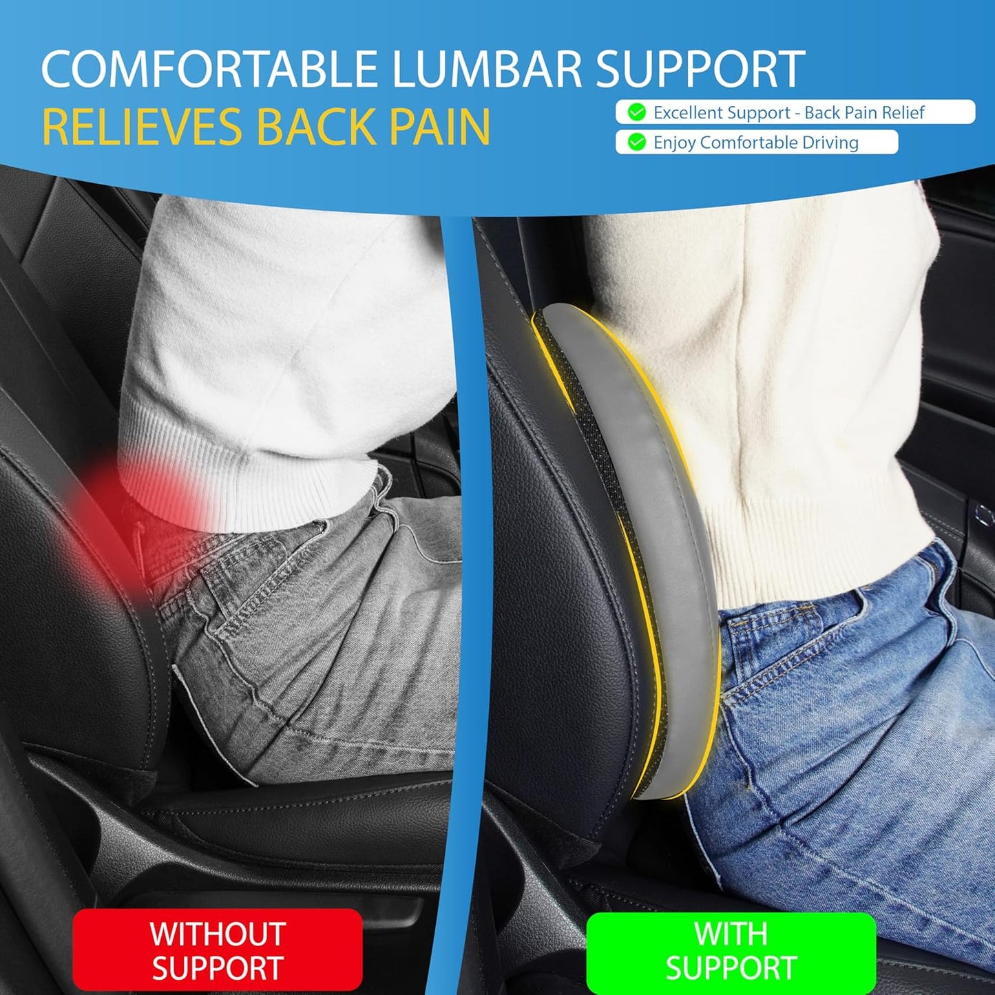Classic Memory Foam Lumbar Cushion Provides Excellent Back Support and Pain Relief - Back Cushion for Driving, Chair Support for Car-Office Chair, Wheelchair - Classic Gray
