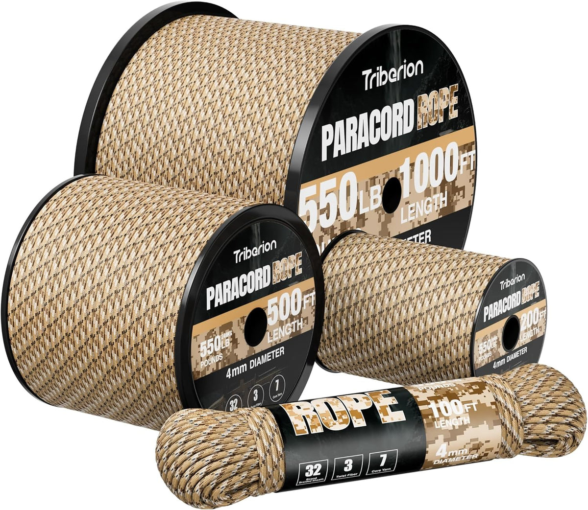 Paracord 550 lb - 50ft Heavy Duty 7-Strand Parachute Cord | Desert Camo Survival & Camping Gear