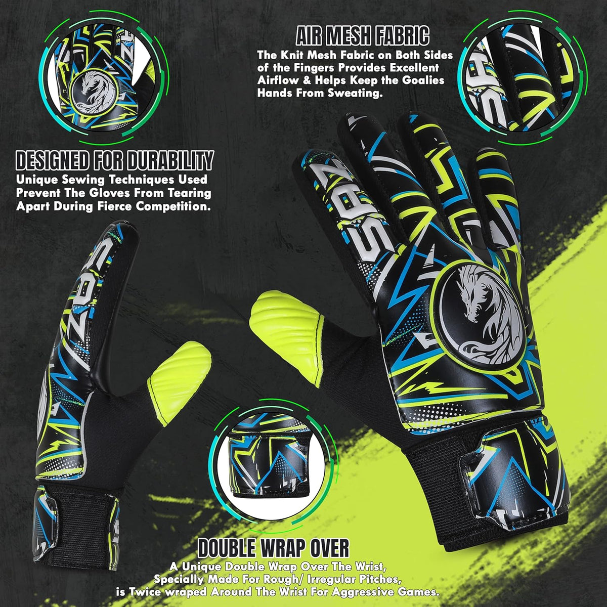 SAZ Soccer Goalie Gloves - Youth Football Goalkeeper Gloves with 4mm Latex Super Grip Palms