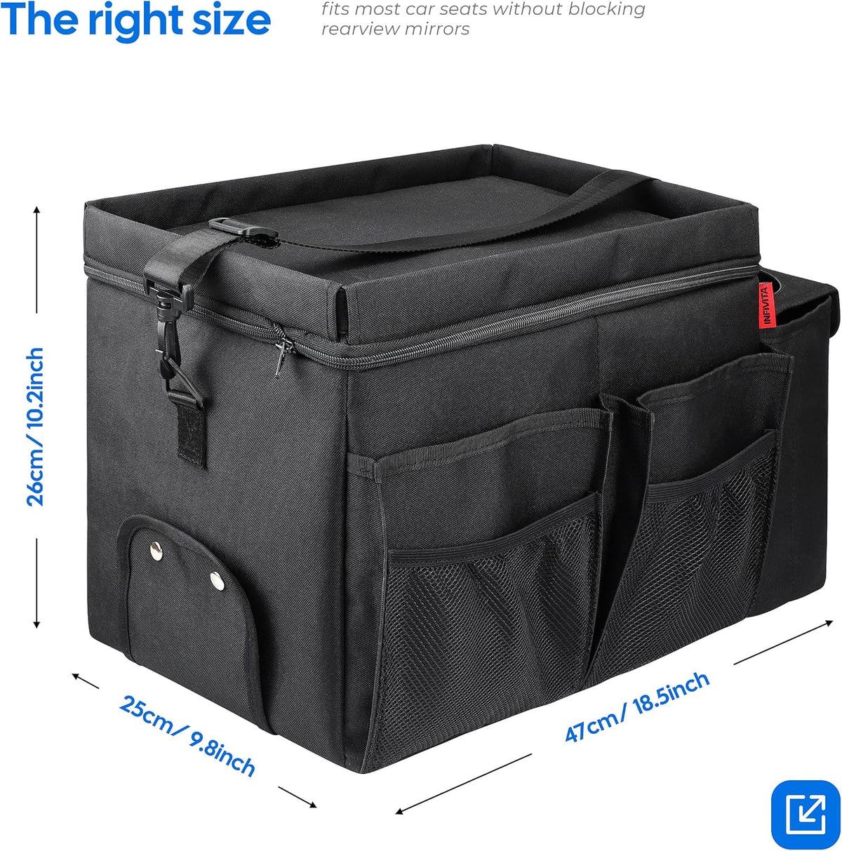 Car Organizer & Cooler – Durable Oxford Fabric Exterior & Waterproof Liner, Portable Car Storage & Insulated Cooler Box with Dividers, Cup Holders & Tissue Pocket – Black [2025 Upgraded]