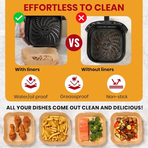 Baker's Signature Air Fryer Paper Liners - 125 Pcs Non-Stick & Oil Proof | 8” Square for 5-8 Qt Baskets