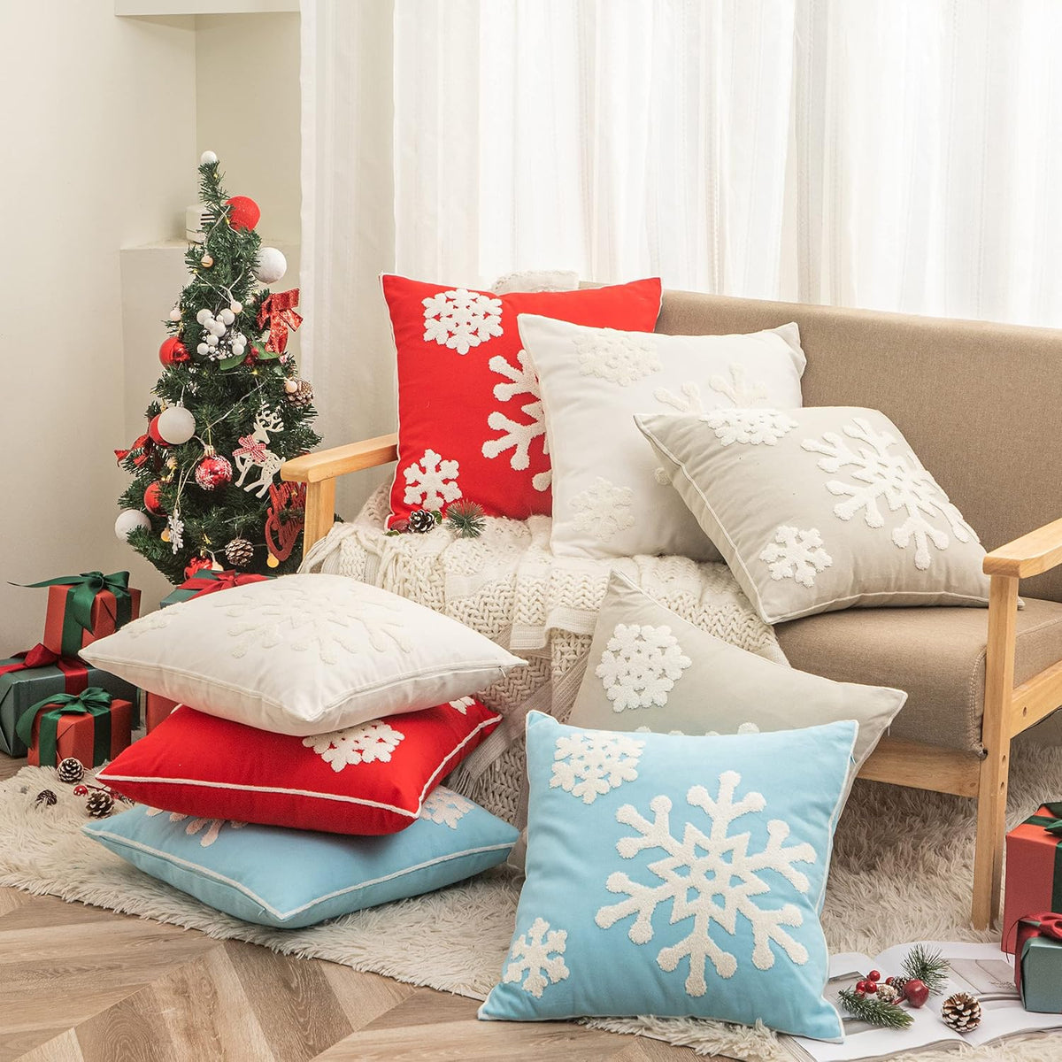 18x18,Cotton Christmas Blessing Throw Pillow Cover for Bed Sofa Cushion Car Snowflake Embroideried Pillowcases,1pair Grey