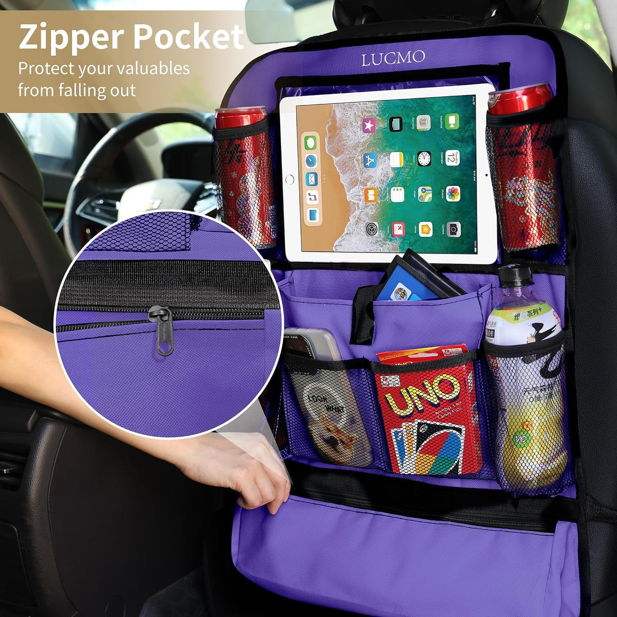 LUCMO Car Backseat Organizer with Touch Screen Tablet Holder, Dark Purple