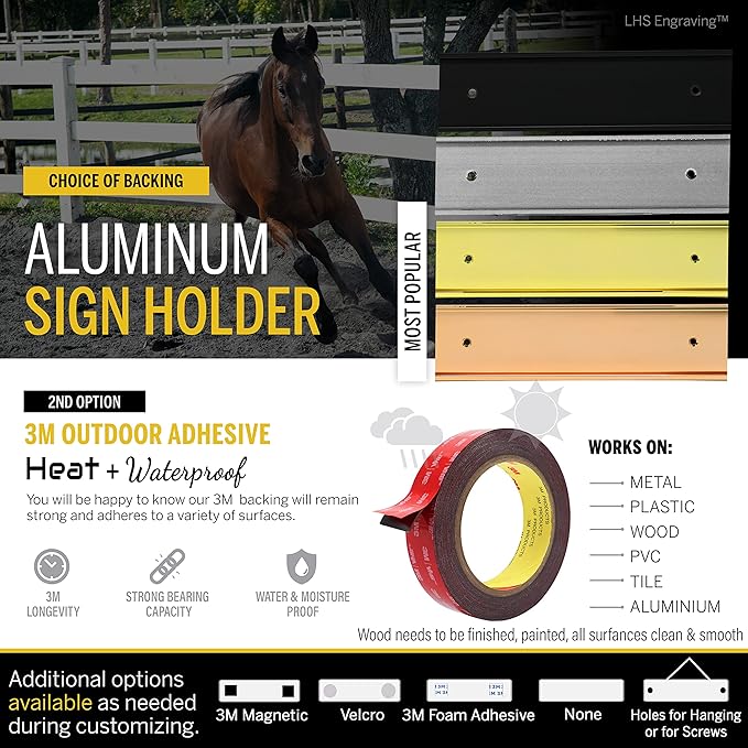 Horse Stall Name Plate, 2x8 Personalized Stall Signs, UV Protected, All Weather Adhesive, Hanging, Mounting or Other, Green Plastic with White Letters - Made in USA - B6
