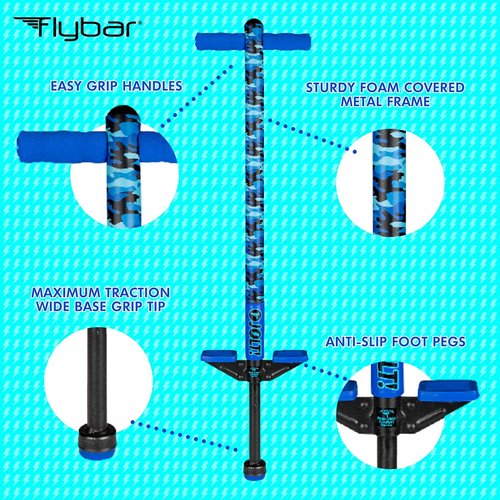 Flybar Pogo Stick for Kids - Easy Grip Foam Handles & Anti-Slip Foot Pegs | 40-80 lbs, Jolt Blue Camo