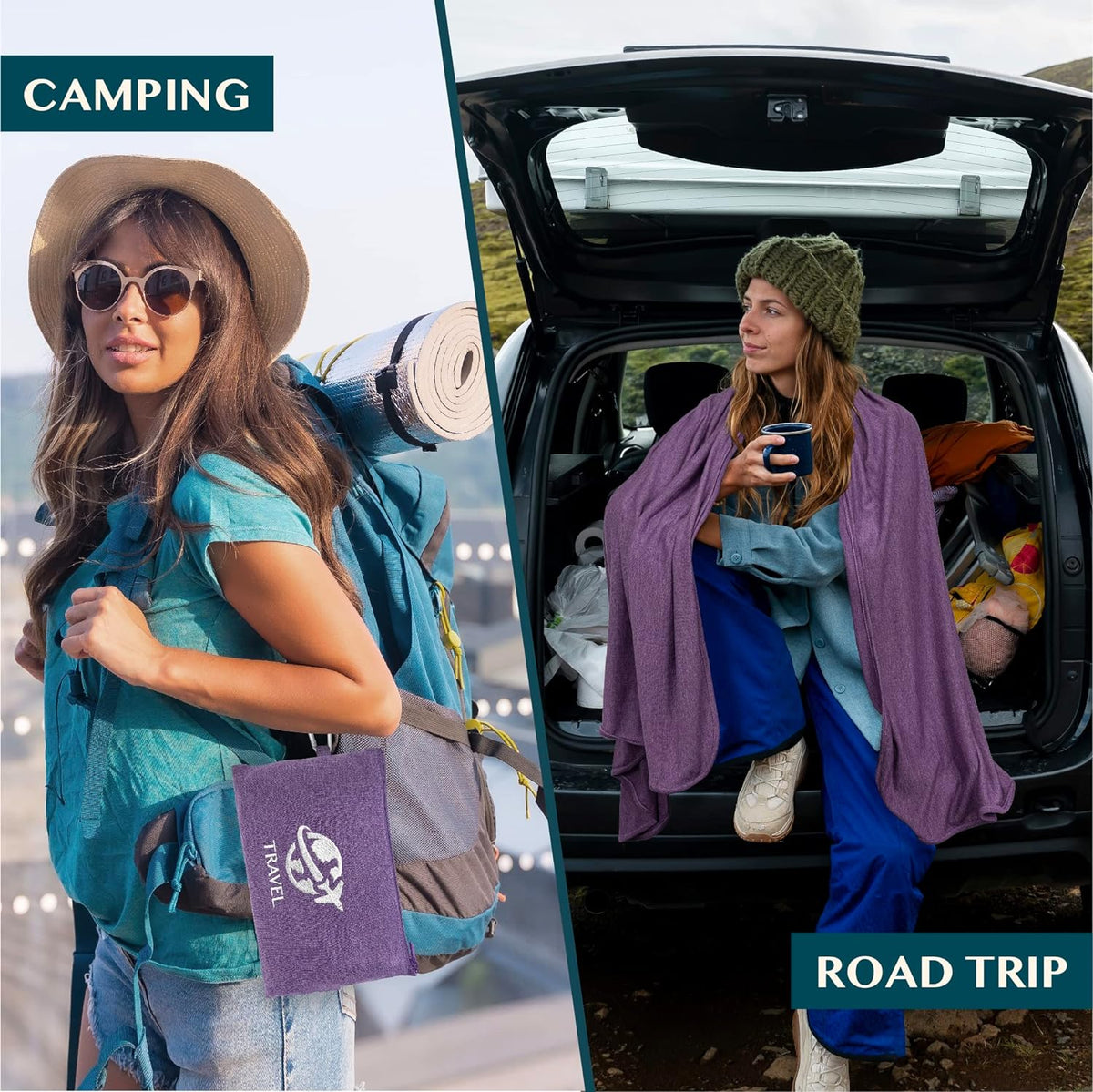 PAVILIA Travel Blanket Compact, Airplane Packable Bag, Soft Fleece Portable Throw Pillow Combo Set, Plane Flight Car Trips Essentials Gift Accessories, Luggage Backpack Clip, Purple, 65 x 40 Inch