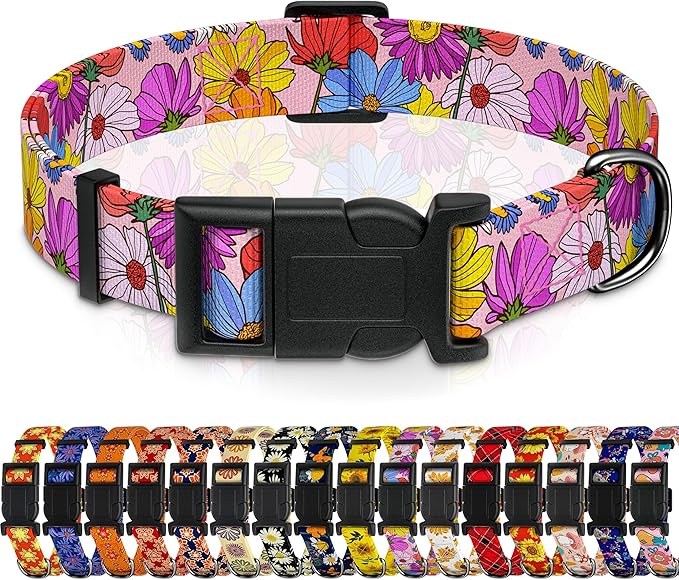 Dog Collar, Pink Floral Boys Girls Puppy Collar for Small Medium Large Dogs, Adjustable Soft Floral Pet Collar with Safety Buckle for Male Females(Pink Floral, S)