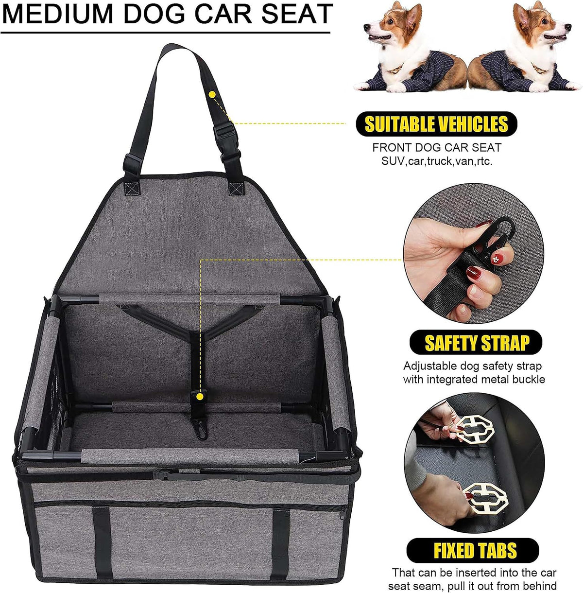 GENORTH Dog Car Seats for Small and Medium Dogs,Portable Puppy/Pet Car Booster Seat with Clip-On Leash and Mesh Window for Pet Up to 20 lbs