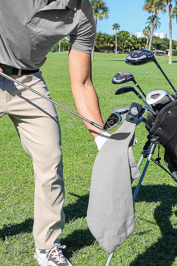 Magnetic Golf Towels for Golf Bags with Clip & Ultra Strong Magnet - Waffle Weave Microfiber Towel for Secure Hold on Bags & Carts - Ideal Club Cleaner & Accessories - Gray
