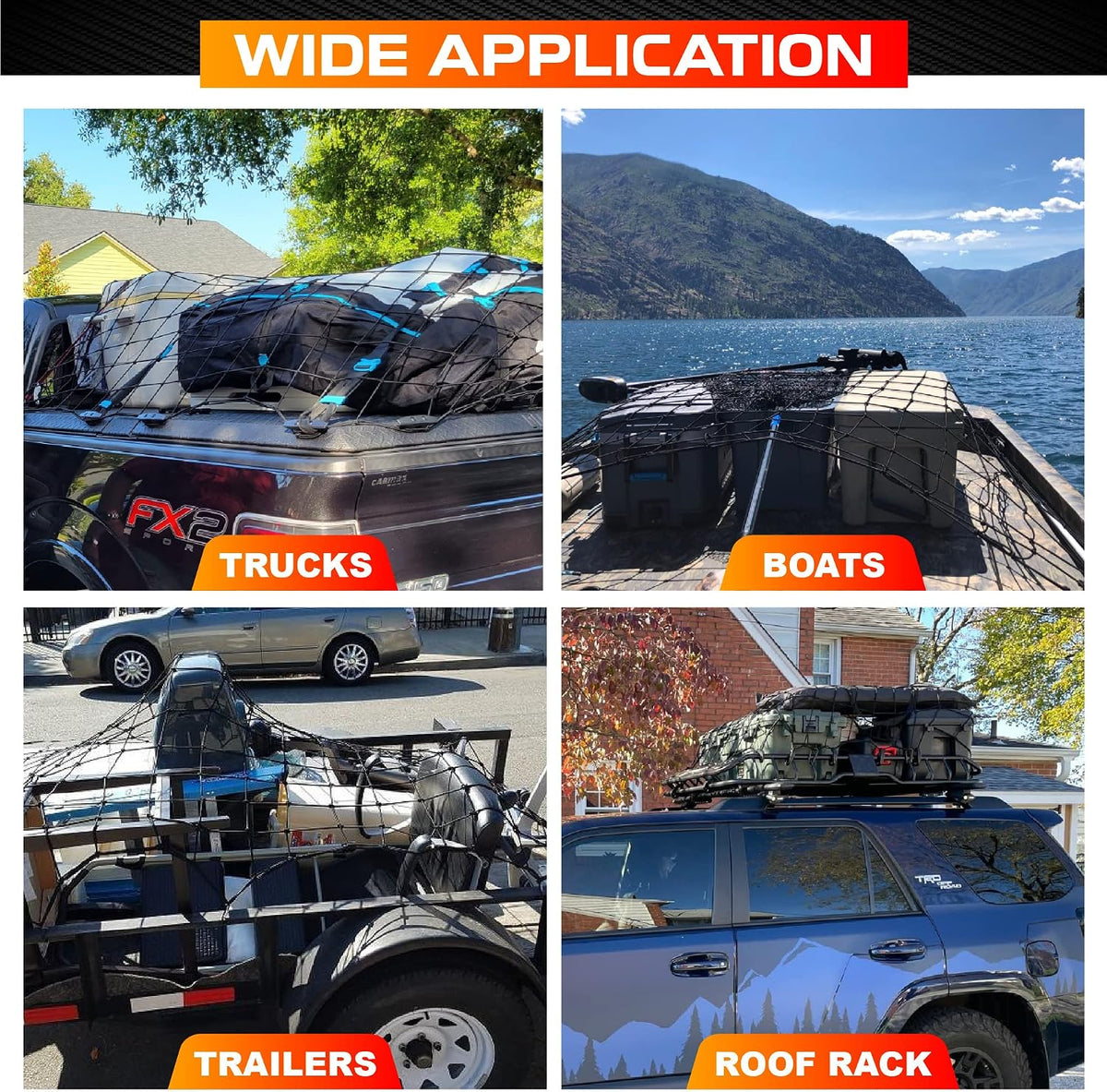 5'x7' Cargo Net Pickup Truck Bed Stretch to 10'x14' Heavy-Duty 10mm Bed Net