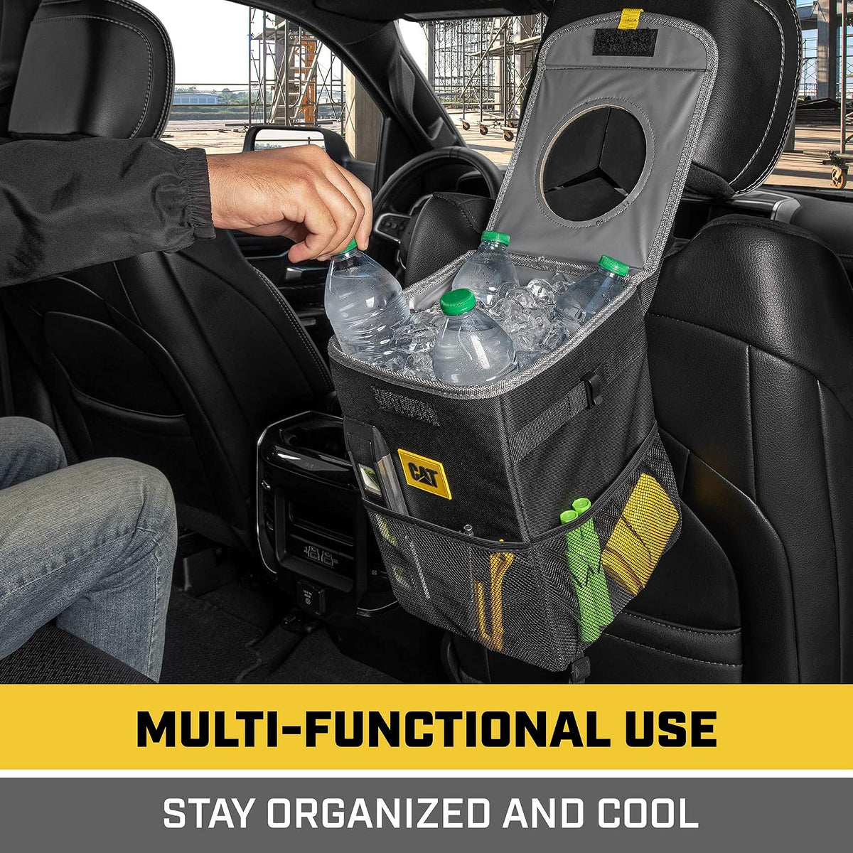 CAT® Car Seat Organizer & Trash Can Cooler Bundle – Portable Seat Caddy with Adjustable Straps + 2.4 Gallon Leak-Proof Hanging Trash Bin with Waterproof Liner, Car Accessories for Cars Trucks SUVs