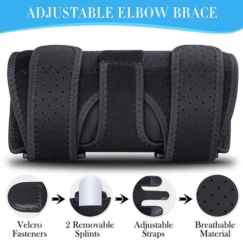 Niceuare Elbow Brace with 2 Removable Metal Splints - Adjustable Elbow Support for Tendonitis, Cubital Tunnel Syndrome, and Ulnar Nerve Entrapment Pain Relief Fit Men ＆ Women