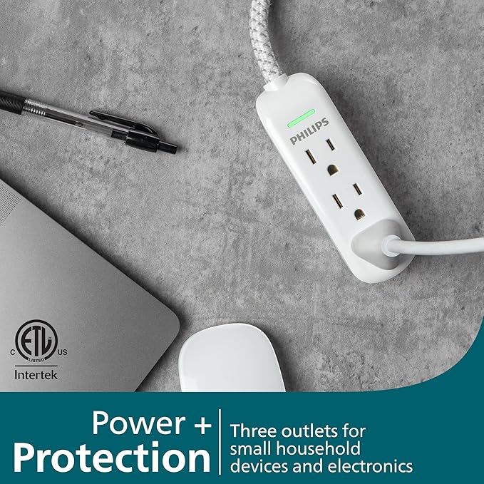 Philips 3-Outlet Grounded Extension Cord, 8 Ft Indoor Extension Cord with Surge Protection, Flat Plug Surge Protection Power Strip, 300 Joules, UL Listed, White, SPP3433BB/37