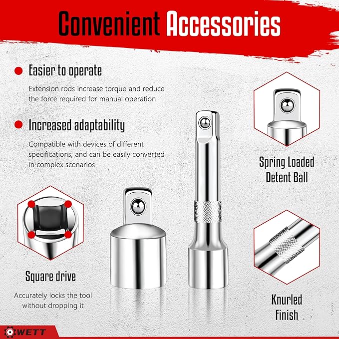 WETT 10-Piece Breaker Bar Set with 180° Rotatable Head, 1/4'', 3/8'' and 1/2'' Drive, Heavy Duty Breaker Bars with Extension Bars and Adapters, 6'', 10'' & 15'' Length, CR-V Steel