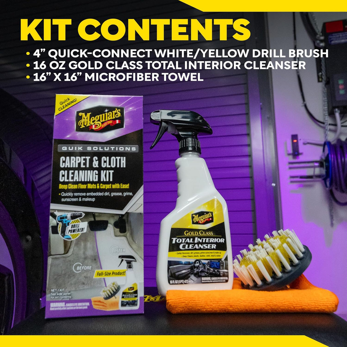 Meguiar's Carpet &amp; Cloth Kit,This Car Care Kit includes a Premium Fabric &amp; Carpet Cleaner and Accessories,A Plush Microfiber Towel and 4” Drill Brush Attachment to Thoroughly Clean Interiors, Kit