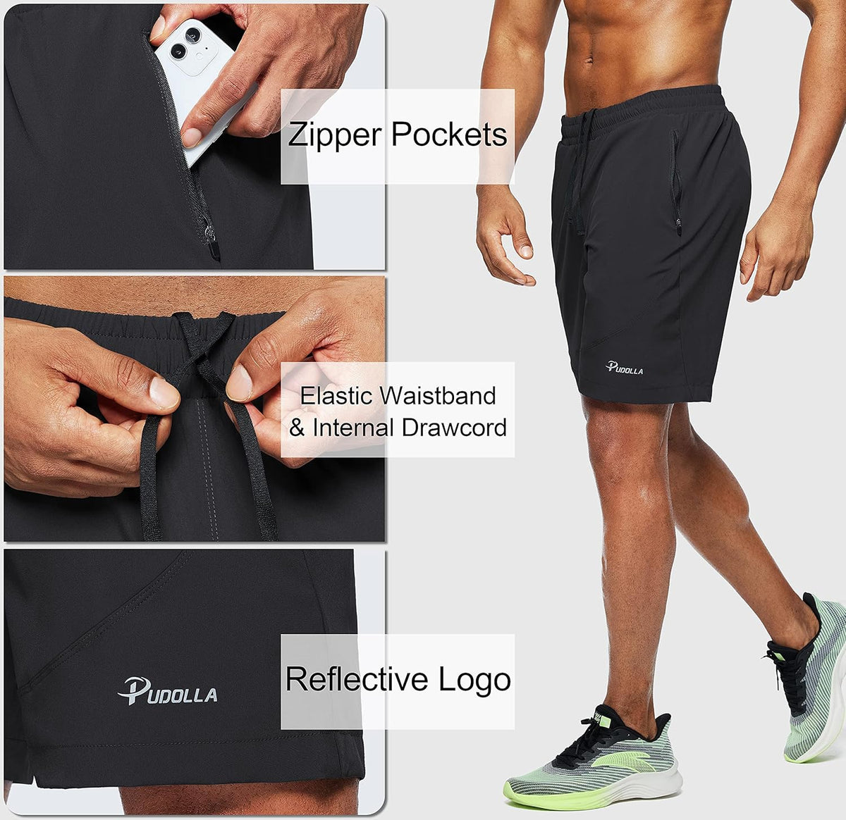 Pudolla Men's Workout Running Shorts - Lightweight Athletic Shorts with Zipper Pockets | 7"/5"/9" Options