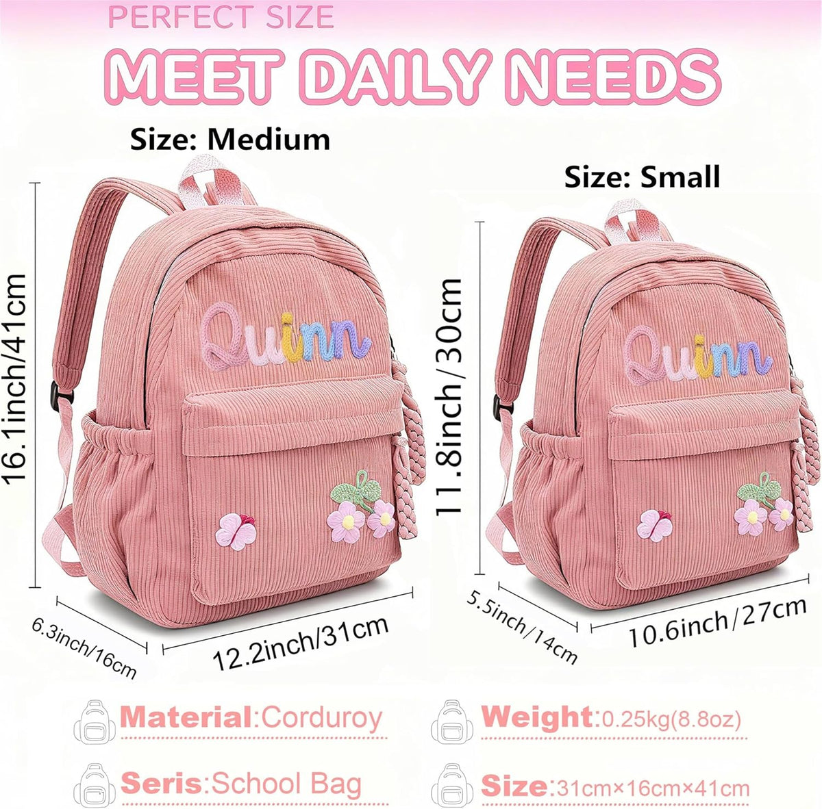 WANSHUNLMI Personalized Corduroy Kids Backpack - Custom Name School Bag in Pink | Toddler Size S & M