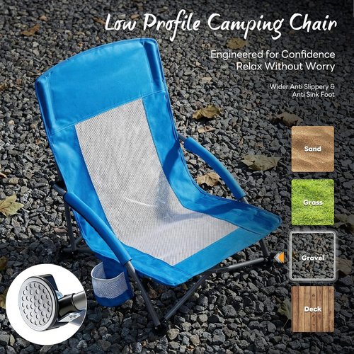 NEWBULIG Low Beach Chair - Portable Folding Camping Chair with Cup Holders & Carry Bag | Extra Wide Seat, Blue