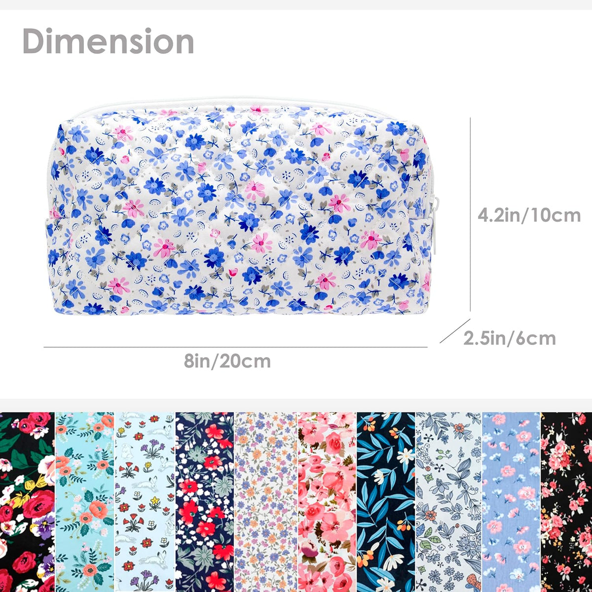 PAZIMIIK Small Quilted Makeup Bag,Zipper Cosmetic Pouch,Floral Blue,6 Pack