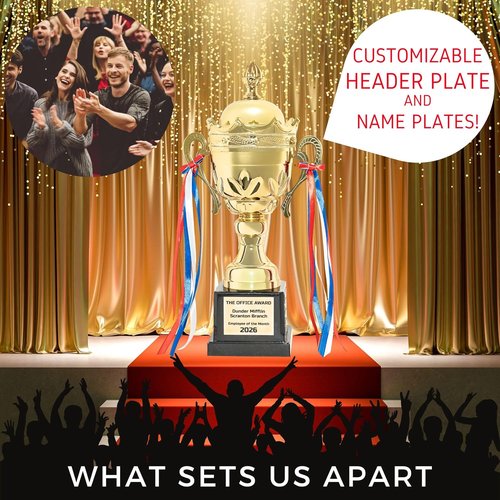 Alpha Awards Large Gold Trophy Cup - Custom Engraved Name Plates | 15.75 Inch Tall for Sports & Tournaments
