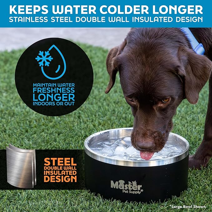 Master Pet Supply Stainless Steel Dog Bowls - 64 oz, Heavy Duty - Glacier Blue, Double Wall Extra-Thick Insulated, Non-Slip Pet Water Bowl for Dogs, Cats & Pets, Anti Rust Metal, Dish Washer Safe