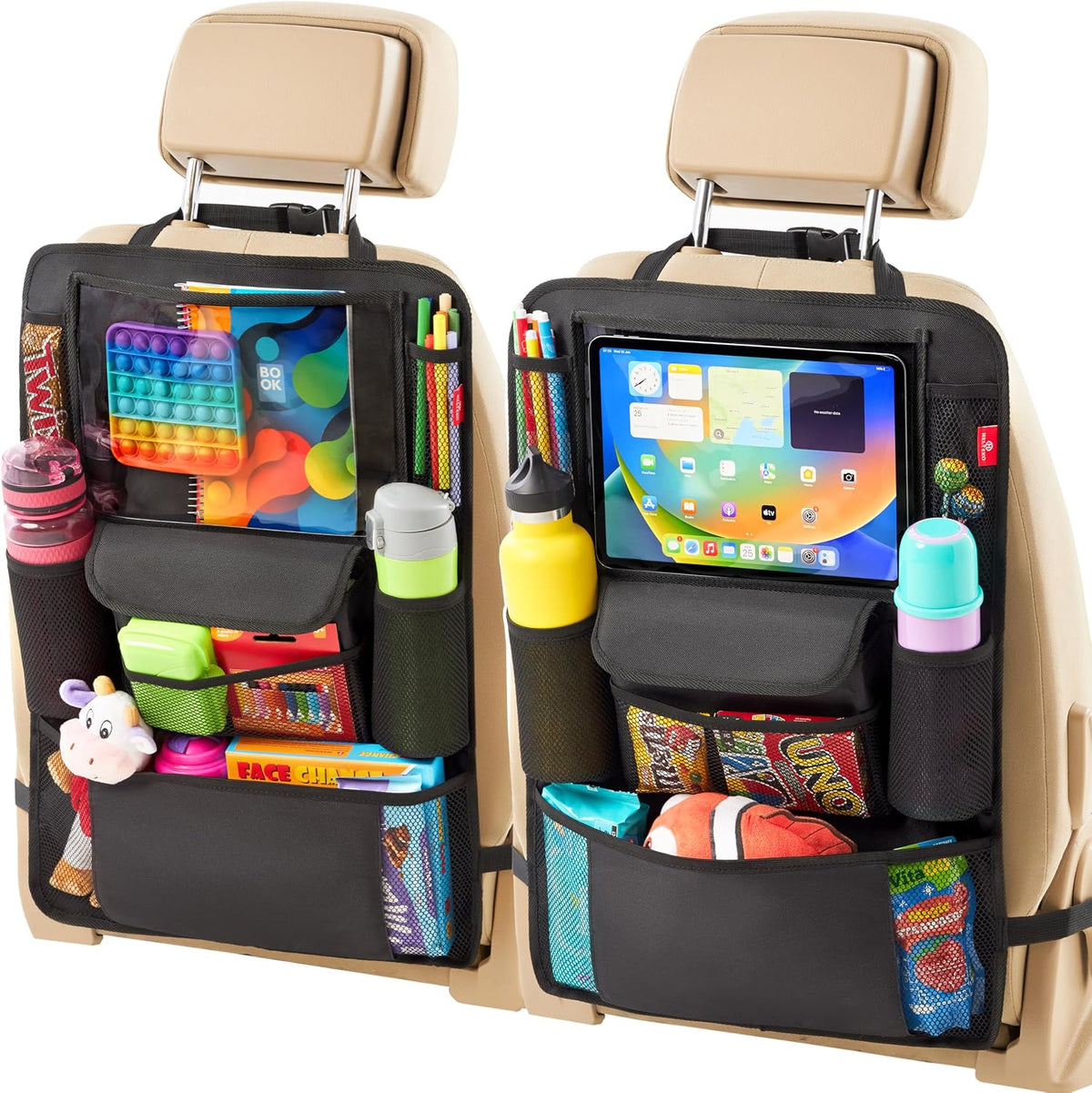 Helteko Car Seat Organizer, Ultra Version Kids Backseat Car Organizers and Storage, Waterproof Back Seat Protector Kick Mats with Tablet Holder 12" Car Accessories Interior, Black 2 Pack