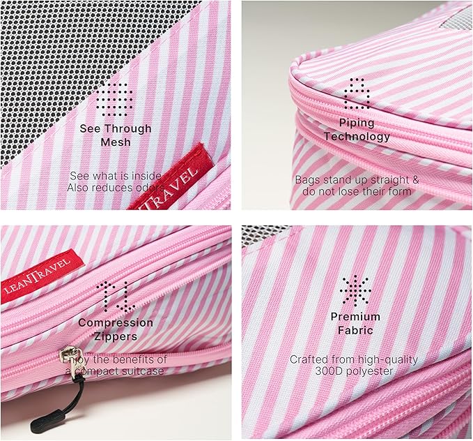 LeanTravel Premium Compression Packing Cubes for Travel - Luggage Organizers with Double Zipper - Sturdy Bags for Suitcase (6-Pack, Pink Stripes)