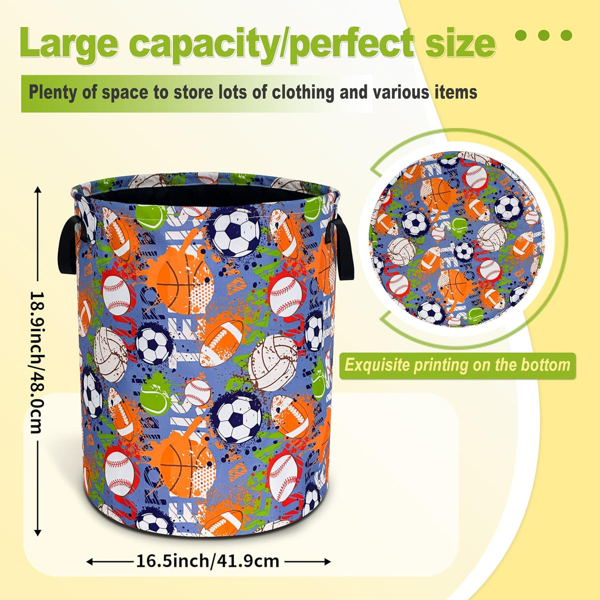 Funny Ball Sports Laundry Basket Foldable Waterproof Hamper 18.9x16.5 Inch