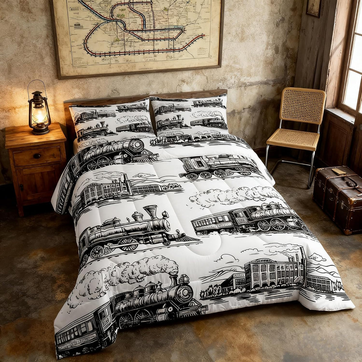 Manfei Train Comforter Set Queen Size, Retro Steam Locomotive Train Down Comforter with 2 Pillowcases, Vintage Train Bedding Set 3pcs for Kids Boys Adults Bedroom Decor Lightweight Duvet Insert