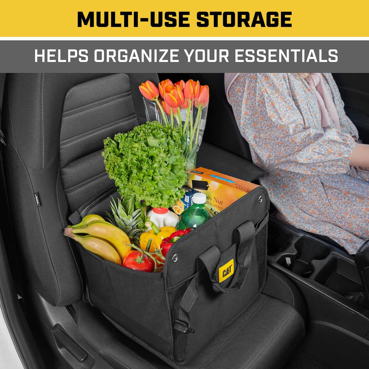 CAT® Car Trunk & Seat Organizer Bundle – Heavy Duty Collapsible Dual-Compartment Trunk Storage + Portable Seat Organizer Caddy, Adjustable Straps, Compact Travel Storage for Cars, Truck & SUV – Black
