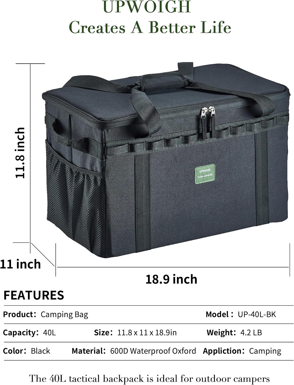 UPWOIGH 40L Heavy Duty Camping Storage Bag with Dividers, Black