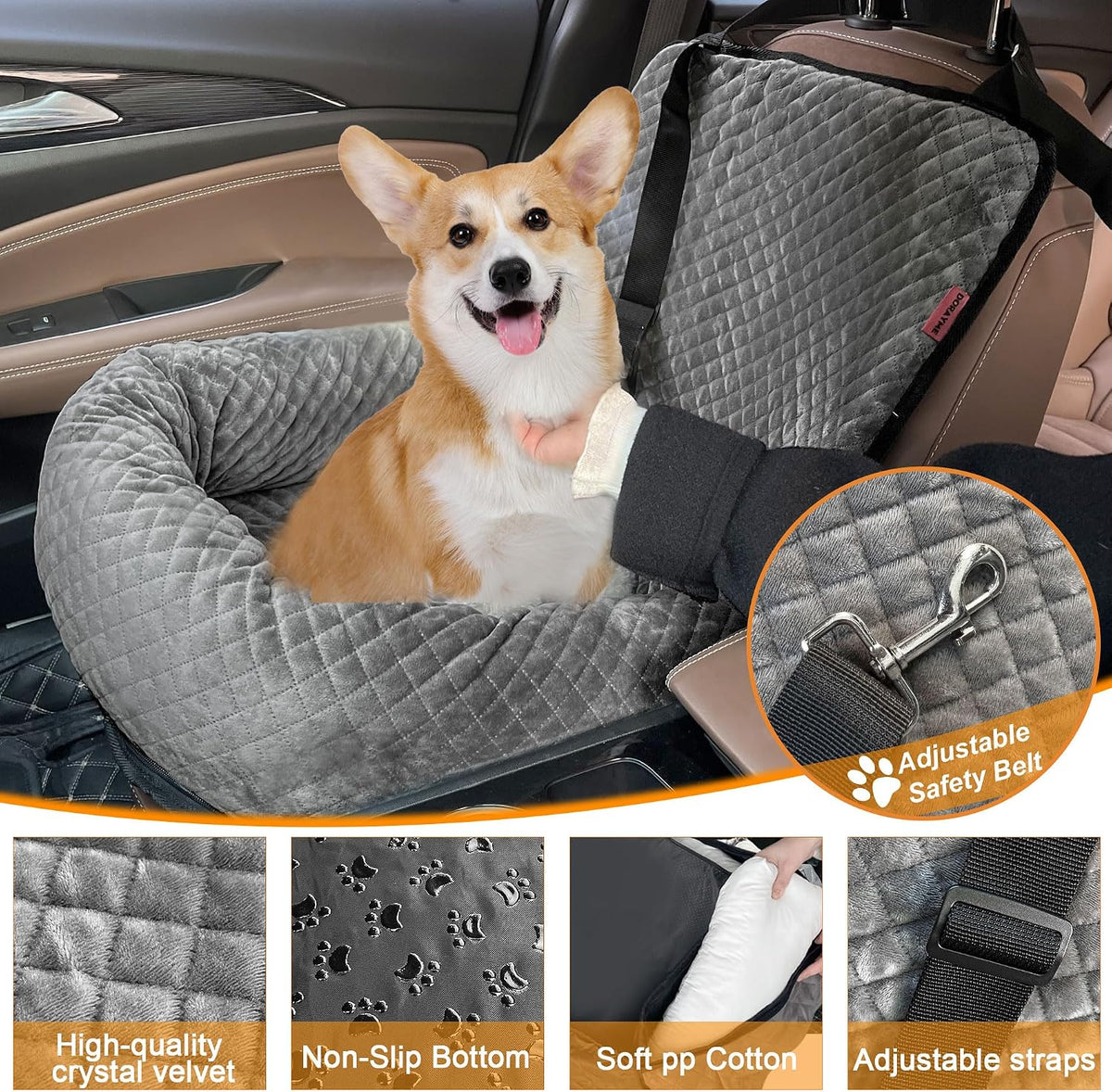 Sephyroth Dog Car Seat for Small/Medium Dogs,Dog Car Bed Washable Pet Travel Safety Seat,Super Soft Safe Removable Puppy Car Seat(Gray)
