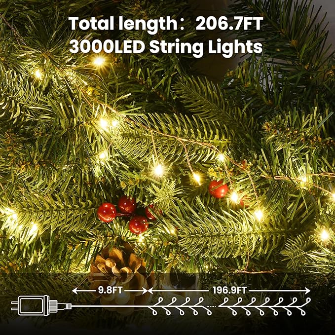 Dailyart Fairy Lights Plug in, 3000 Led Cluster Lights with Timer 195Ft Waterproof Warm Twinkle String Light with Remote for Bedroom Wreath Garland Window Wedding Christmas Tree Decoration,Gold Wire