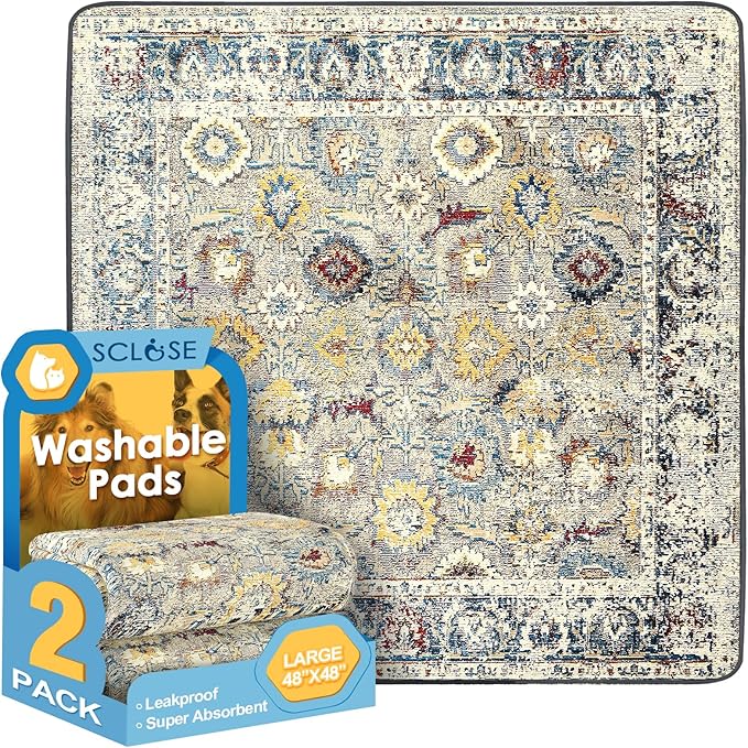 Washable Pee Pads for Dogs Large 2 Pack, 48" x 48" Reusable Puppy Pads Waterproof Dog Rugs, Super Absorbent, Leakproof, Dog Crate Pad, Playpen Mat, Whelping Pads, Vintage