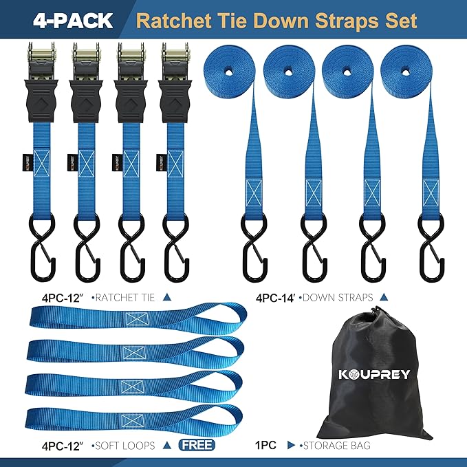 Ratchet Straps, Boat Tie Down Straps to Trailer, Motorcycle Straps, Kayak Tie Downs, 4-PK 1" x 15ft, 1800 LB Break Strength Safety Lock S Hooks & 4 Soft Loops-Secure, Rubber Coated Handle Blue