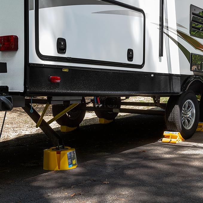 Camco Super Wheel Chock w/Rope - Large, Heavy Duty Trailer Wheel Chock Constructed of Durable Plastic - Features Rope Handle for Easy Removal - Use w/Tires Up to 29-inches – 44475