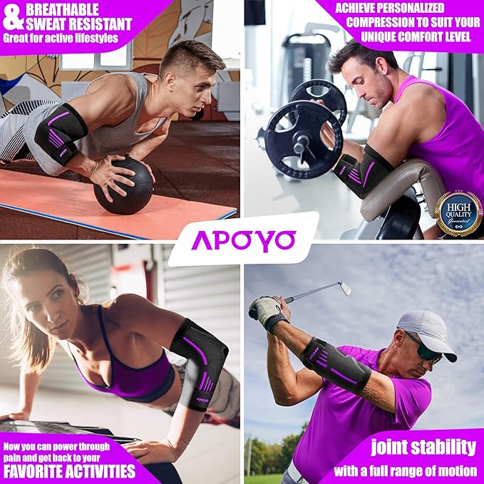 APOYO Elbow Brace for Tendonitis and Tennis Elbow, Elbow Compression Sleeve, Elbow Brace for Women and Men w/ Adjustable Strap for Tennis Elbow Relief, Weightlifting, Arthritis, Workouts, Reduce Joint Pain During Fitness Activity (Purple, X-Large)