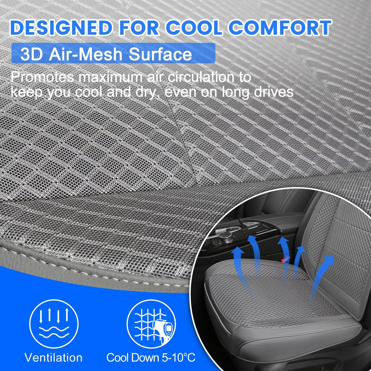 1 Pack Gray Ventilated Cooling Car Seat Covers for Summer