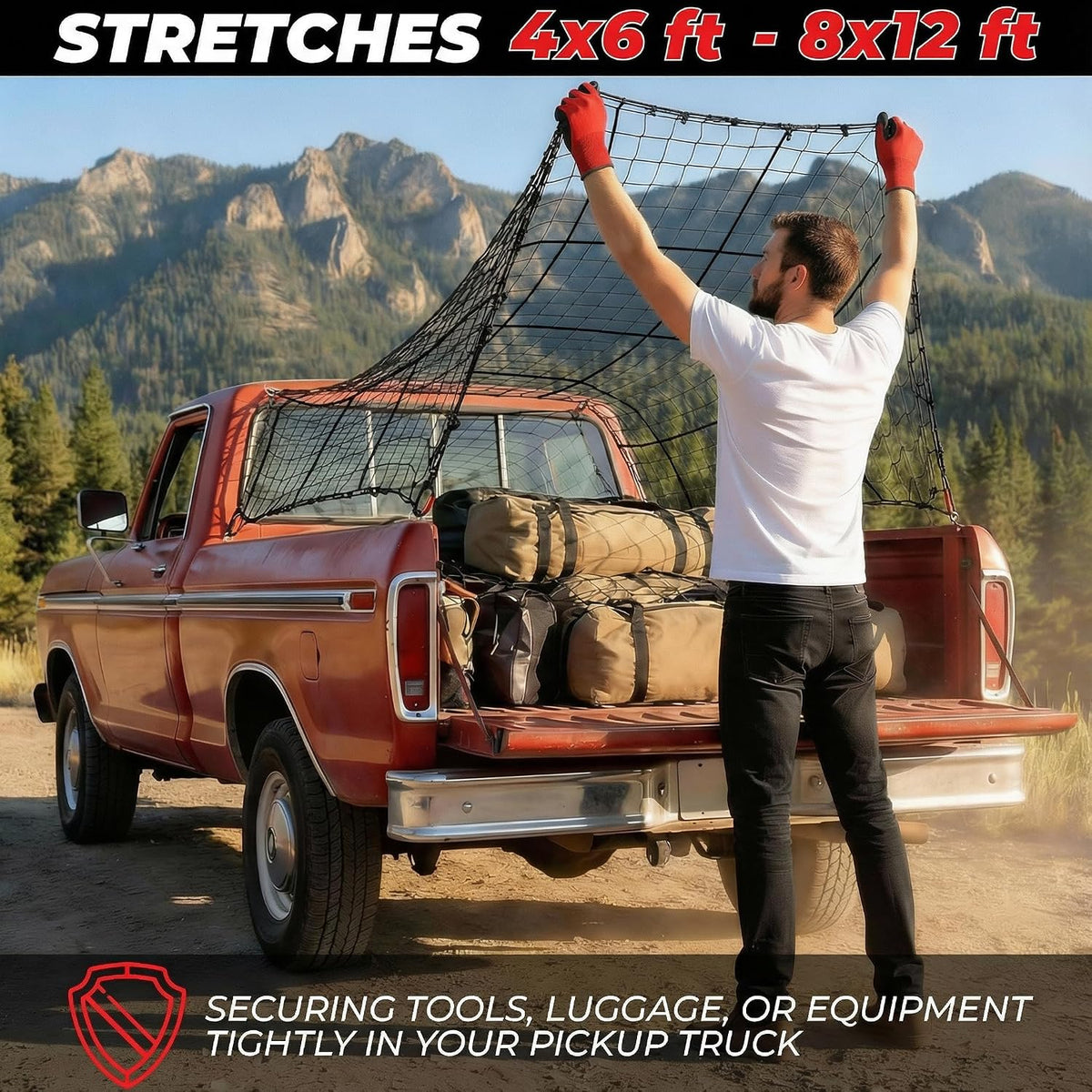 Truck Bed Cargo Net 4' x 6' Stretches to 8' x 12' Heavy Duty