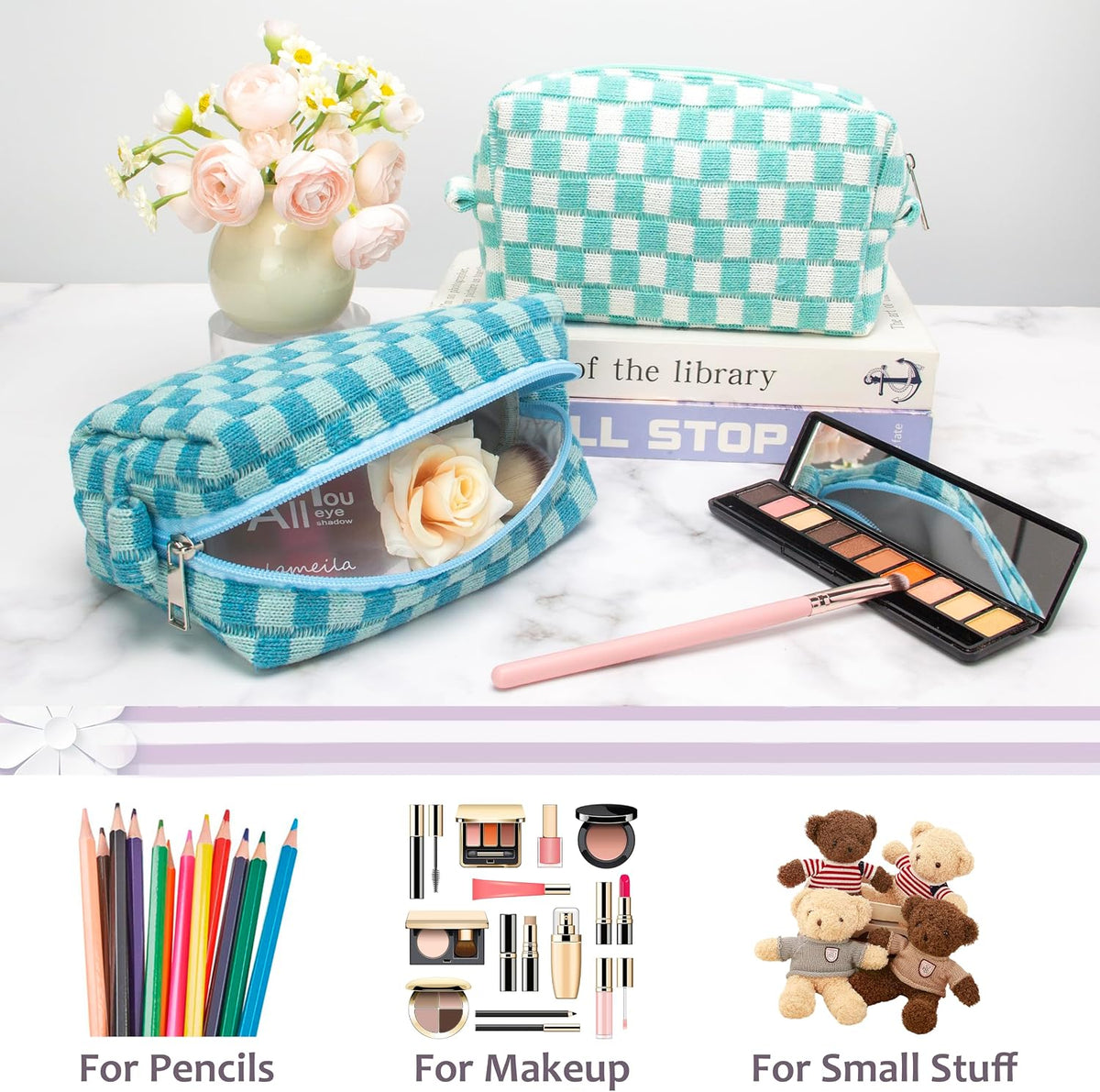 Checkered Makeup Bag for Purse, Small Cosmetic Pouch,Lake Blue,6 Pack