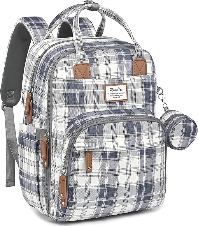 RUVALINO Diaper Bag Backpack, Multifunction Travel Pack Maternity Baby Changing Bags, Large Capacity, Waterproof, Blue Plaid