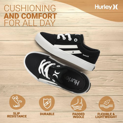 Hurley Boardy Lace-up Skateboard Shoe - Low top Lace-up Sneaker - Fashionable Skater Shoe for Boys & Girls - Lightweight Classic Casual Kids Skates Black White