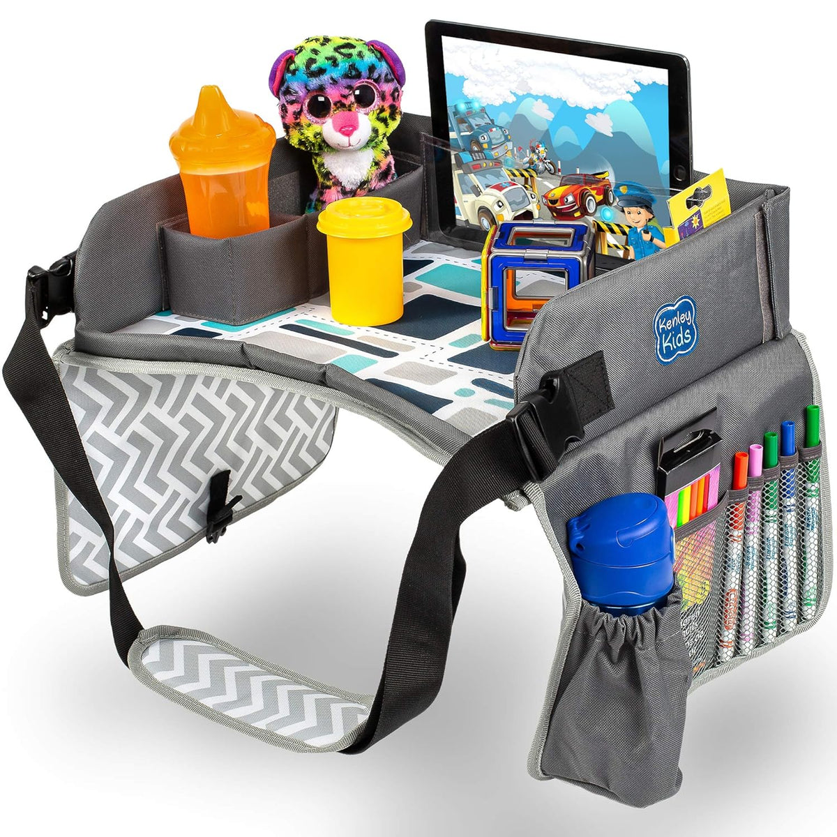 Kenley Kids Travel Tray, Toddler Car Seat Lap Tray, Road Trip Essentials Activity Table (Blue/Gray)