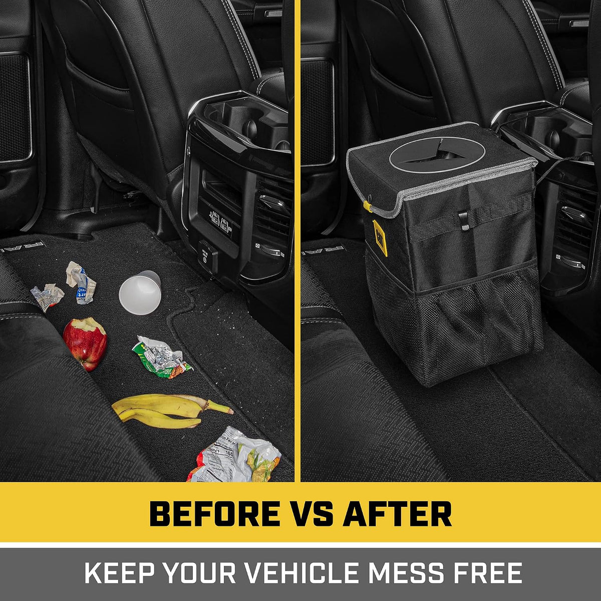 CAT® Car Trash Can Organizer with Lid Storage - Leak-Proof Automotive Organizer for Truck, Car, SUV, and Van with Multiple Pockets Expandable Waterproof Garbage Bin for Auto - Black